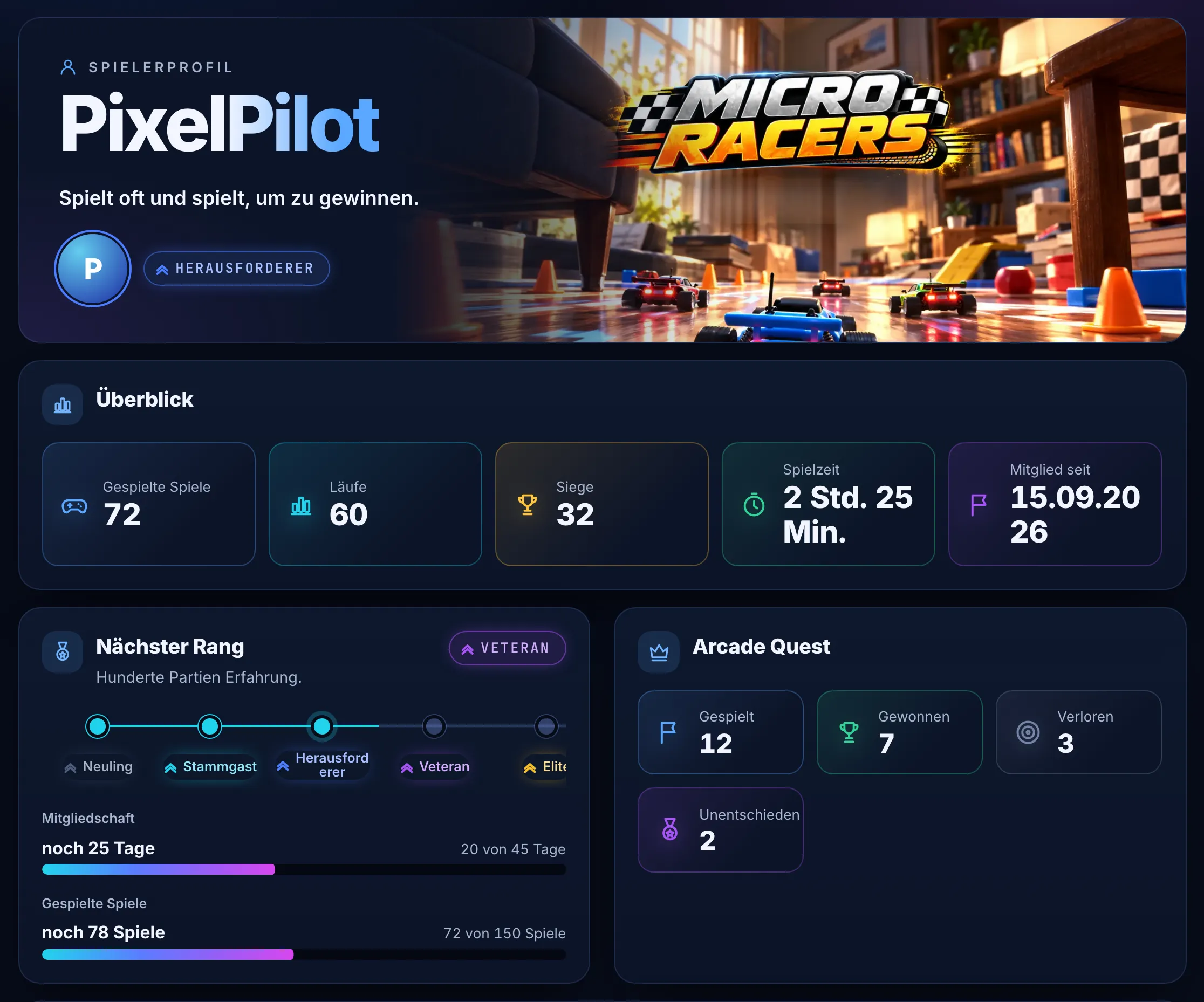 Spielerprofil: aktueller Rang, Fortschritt zum nächsten Rang und Arcade Quest Ergebnisse.
