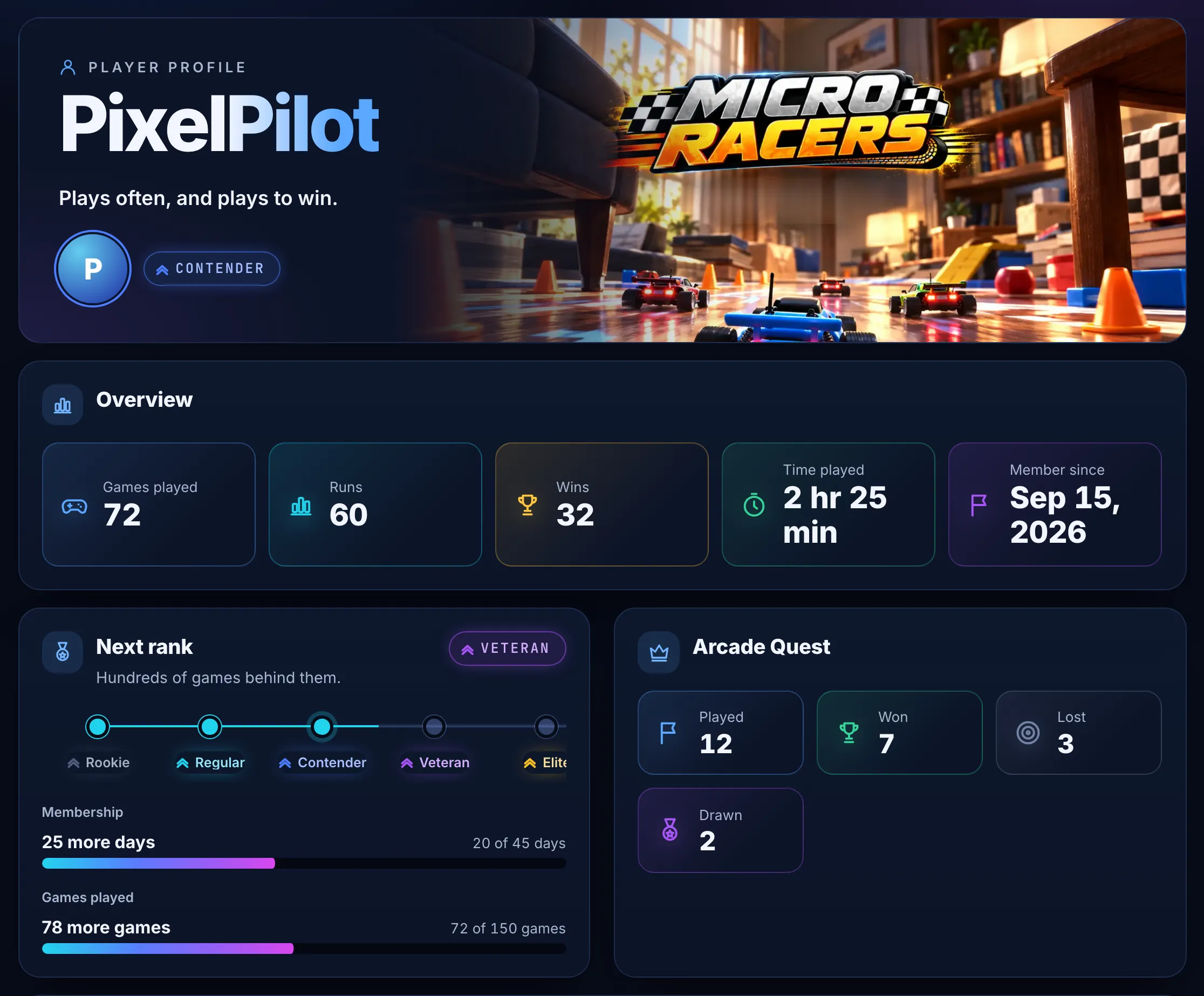 Player profile: current rank, progress to the next rank and Arcade Quest results.