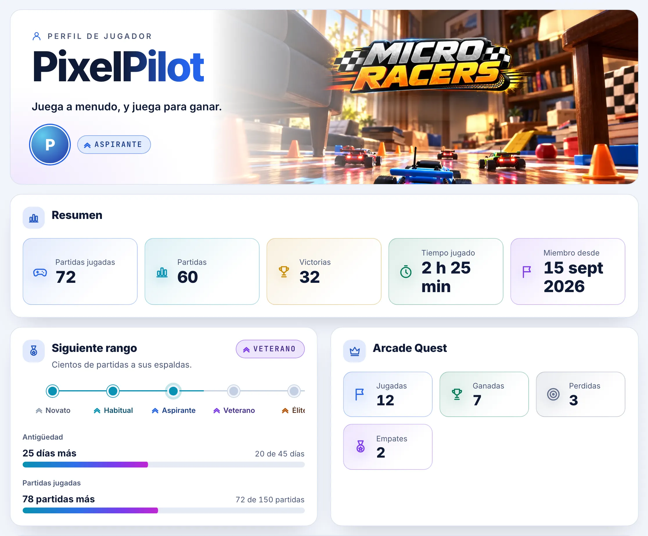 Perfil del jugador: rango actual, progreso al siguiente rango y resultados de Arcade Quest.
