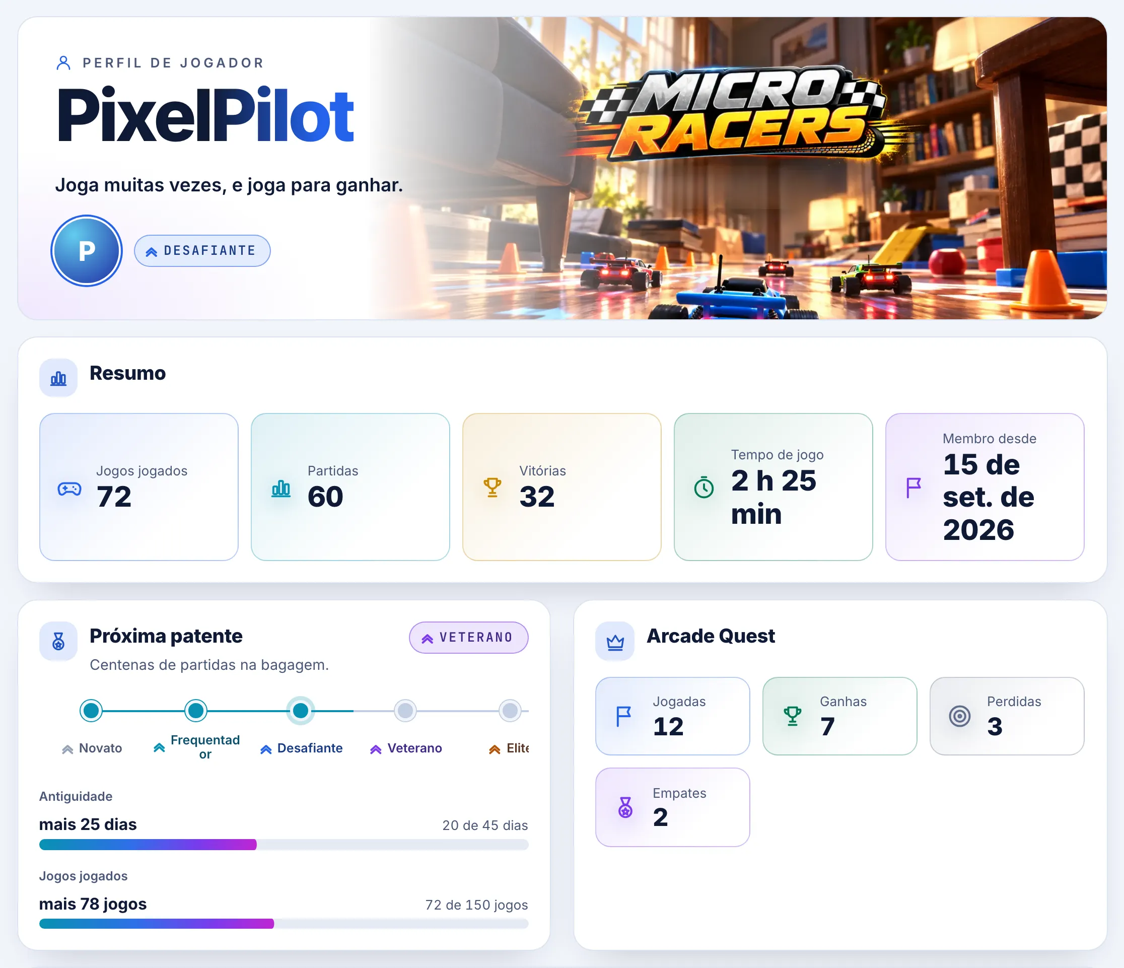Perfil do jogador: classificação atual, progresso para a seguinte e resultados Arcade Quest.